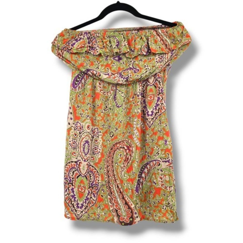 Wet Seal Paisley Dress Strapless Ruffle Casual Summer‎ Orange Green Size S